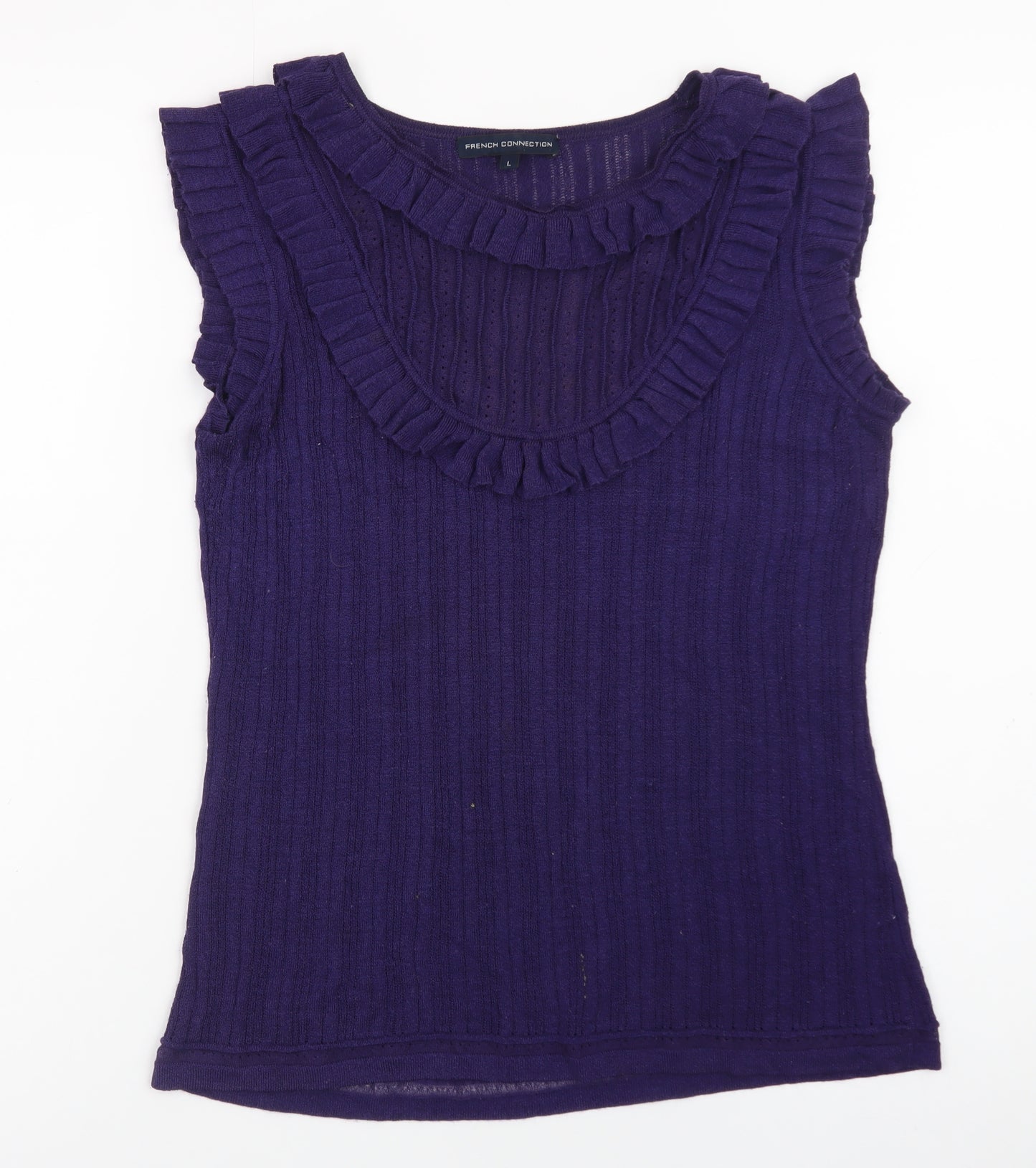 French Connection Women Purple Ruffle Sleeveless Ribbed Knit Top Size L