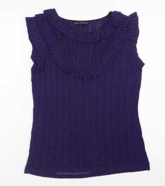 French Connection Women Purple Ruffle Sleeveless Ribbed Knit Top Size L