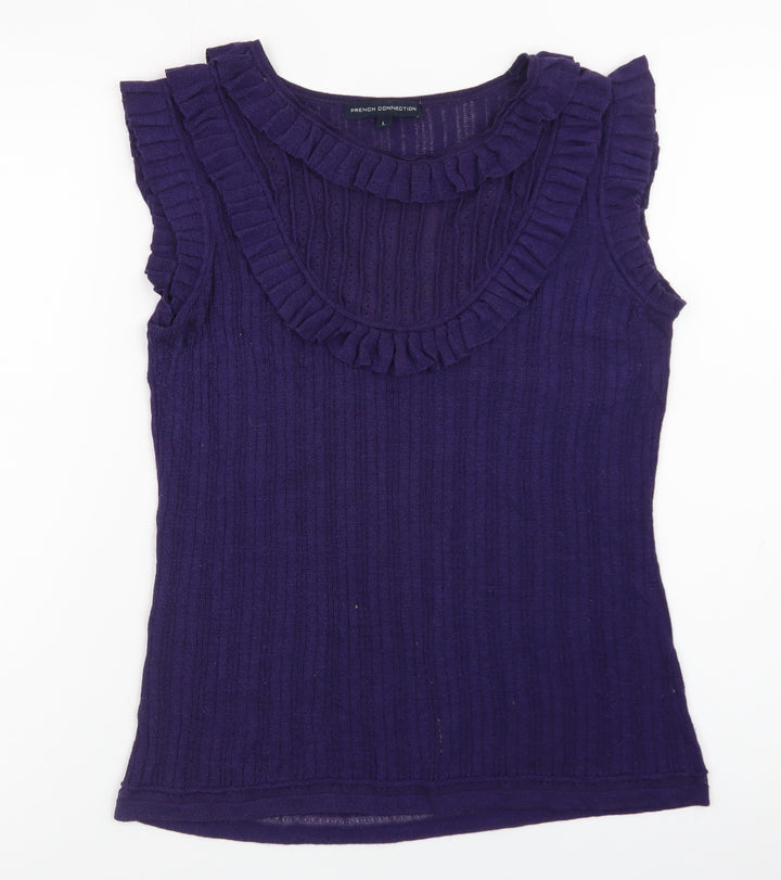 French Connection Women Purple Ruffle Sleeveless Ribbed Knit Top Size L