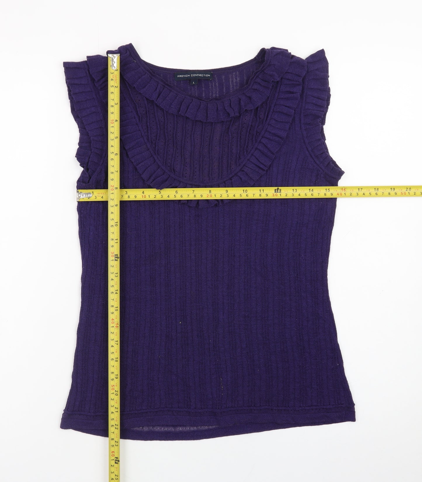 French Connection Women Purple Ruffle Sleeveless Ribbed Knit Top Size L