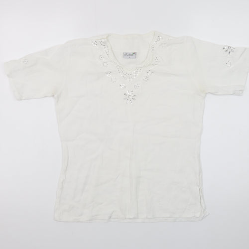 Zehra Womens White Beaded Embroidered Cotton Tunic Blouse Size S
