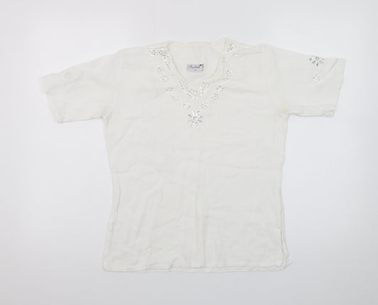 Zehra Womens White Beaded Embroidered Cotton Tunic Blouse Size S
