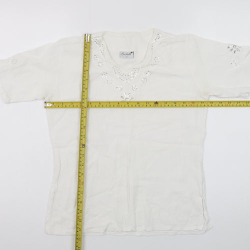 Zehra Womens White Beaded Embroidered Cotton Tunic Blouse Size S