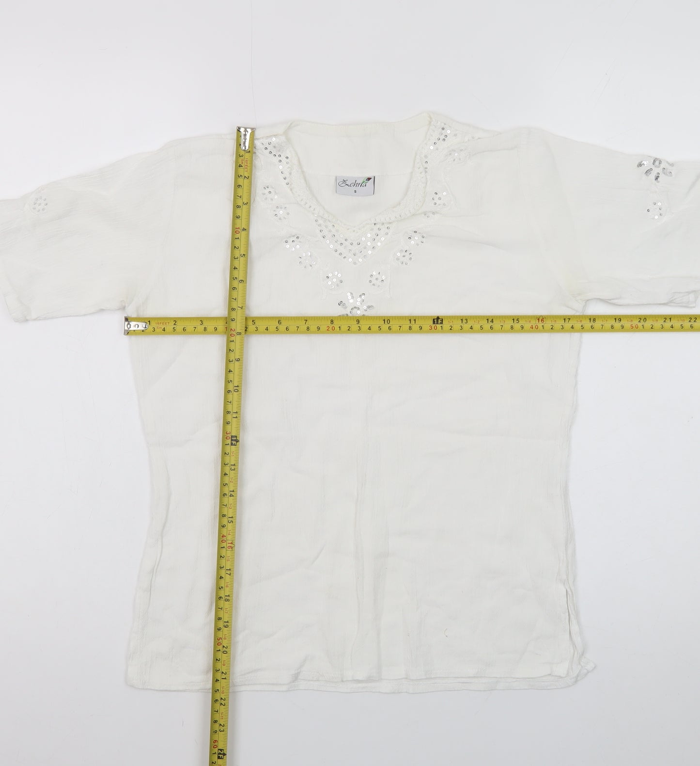 Zehra Womens White Beaded Embroidered Cotton Tunic Blouse Size S