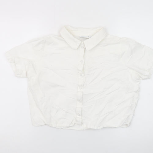 Vila Women’s White Cropped Button-Up Short Sleeve Shirt Size 12