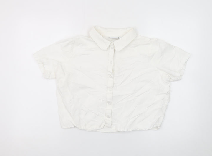 Vila Women’s White Cropped Button-Up Short Sleeve Shirt Size 12