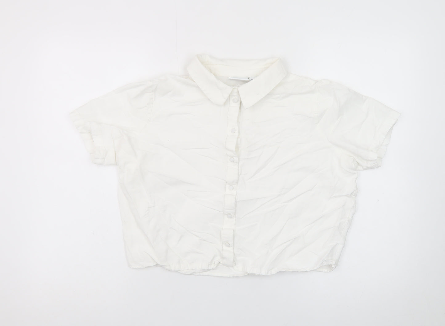 Vila Women’s White Cropped Button-Up Short Sleeve Shirt Size 12