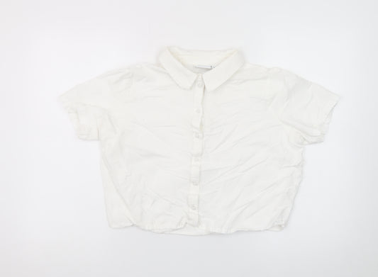 Vila Women’s White Cropped Button-Up Short Sleeve Shirt Size 12