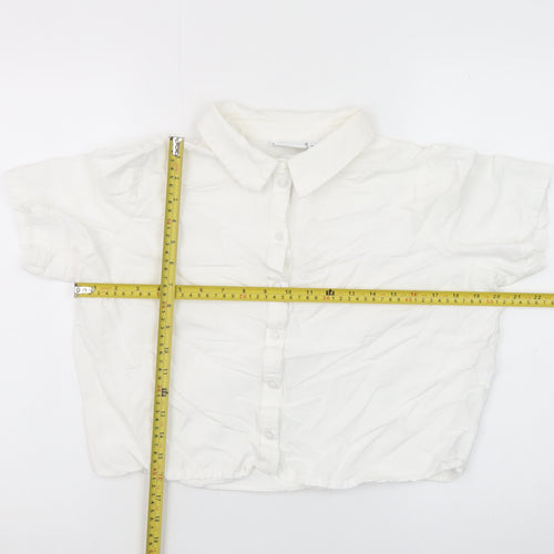 Vila Women’s White Cropped Button-Up Short Sleeve Shirt Size 12
