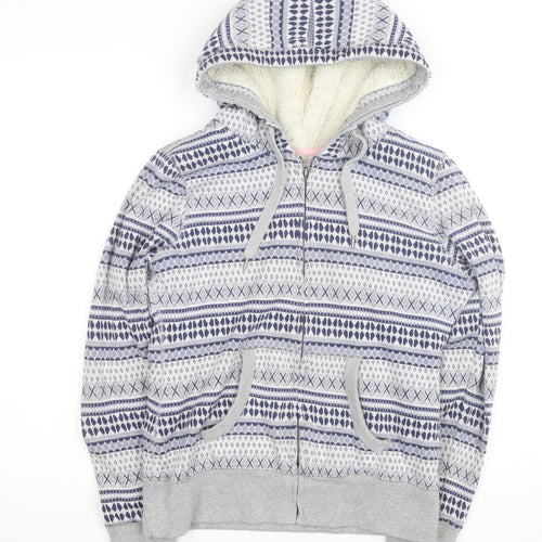 H&M Girls Grey Fair Isle Full Zip Hooded Lined Hoodie Size L