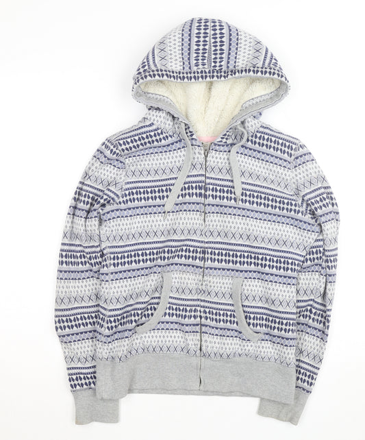 H&M Girls Grey Fair Isle Full Zip Hooded Lined Hoodie Size L