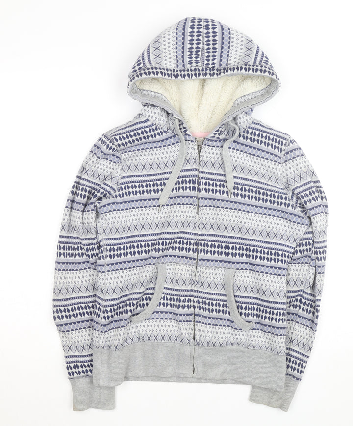 H&M Girls Grey Fair Isle Full Zip Hooded Lined Hoodie Size L
