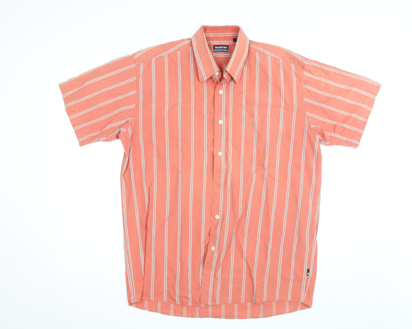 Meantime Mens Orange Striped Short Sleeve Cotton Button-Up Shirt L