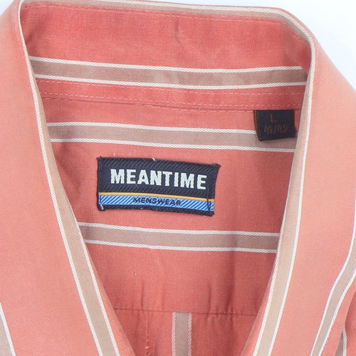 Meantime Mens Orange Striped Short Sleeve Cotton Button-Up Shirt L