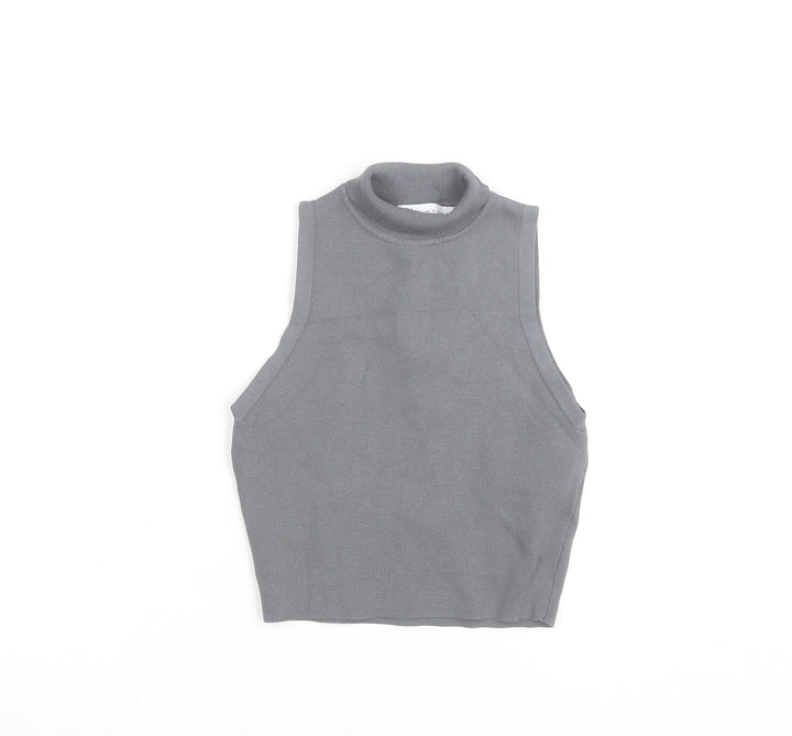 Zara Women Grey Sleeveless Mock Neck Knit Tank Top S