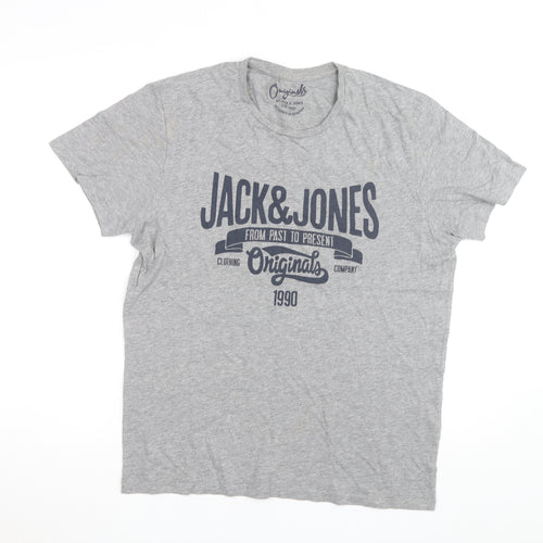 Jack & Jones Men's Grey Graphic Print Crew Neck T-Shirt Size L