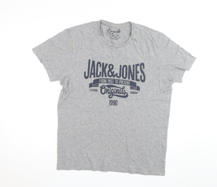 Jack & Jones Men's Grey Graphic Print Crew Neck T-Shirt Size L
