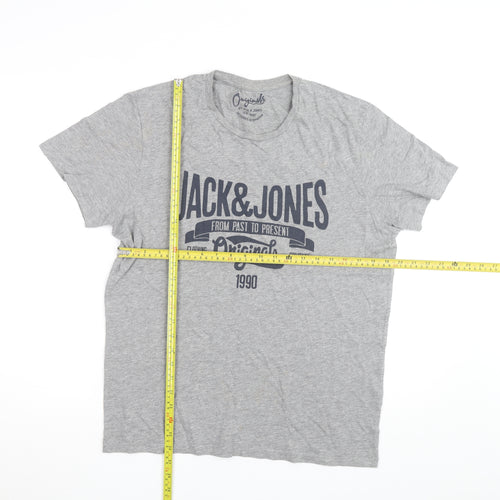 Jack & Jones Men's Grey Graphic Print Crew Neck T-Shirt Size L