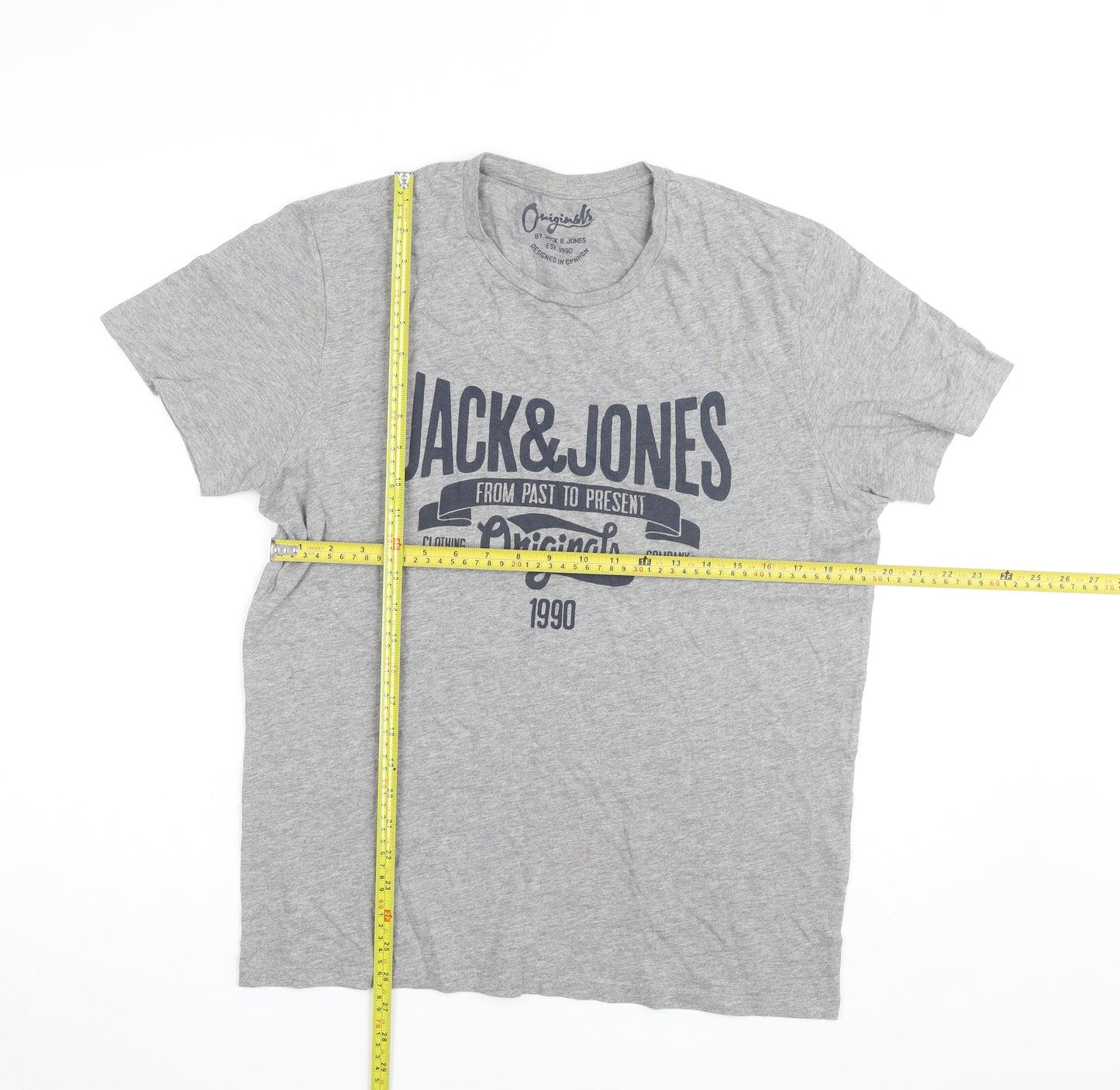 Jack & Jones Men's Grey Graphic Print Crew Neck T-Shirt Size L