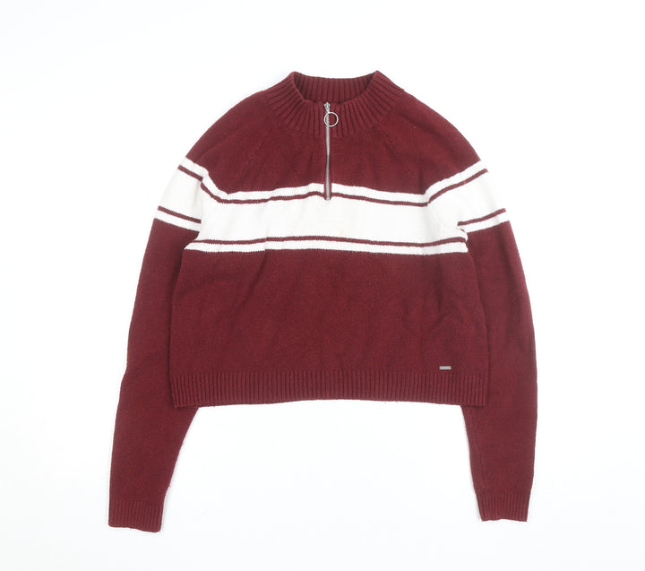 Hollister Womens Maroon & White Half Zip Jumper Size M Knit Pullover