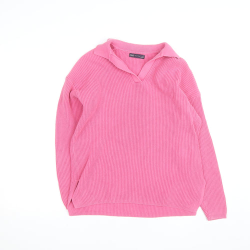 Marks and Spencer Women’s Pink Collared Ribbed Cotton Pullover Jumper M
