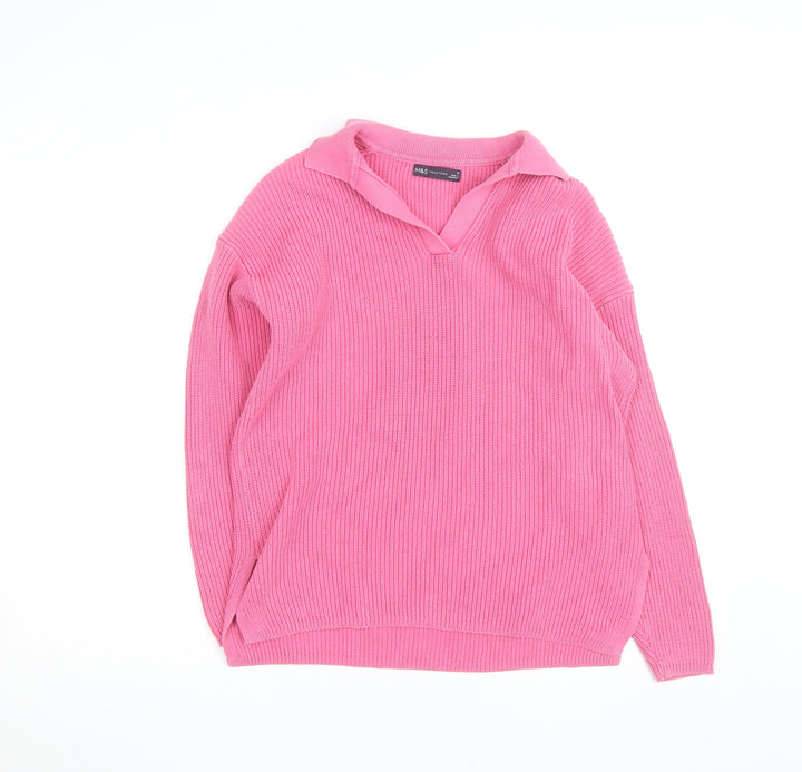 Marks and Spencer Women’s Pink Collared Ribbed Cotton Pullover Jumper M