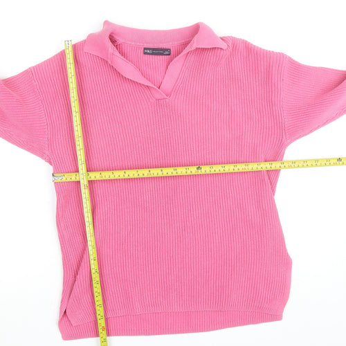 Marks and Spencer Women’s Pink Collared Ribbed Cotton Pullover Jumper M