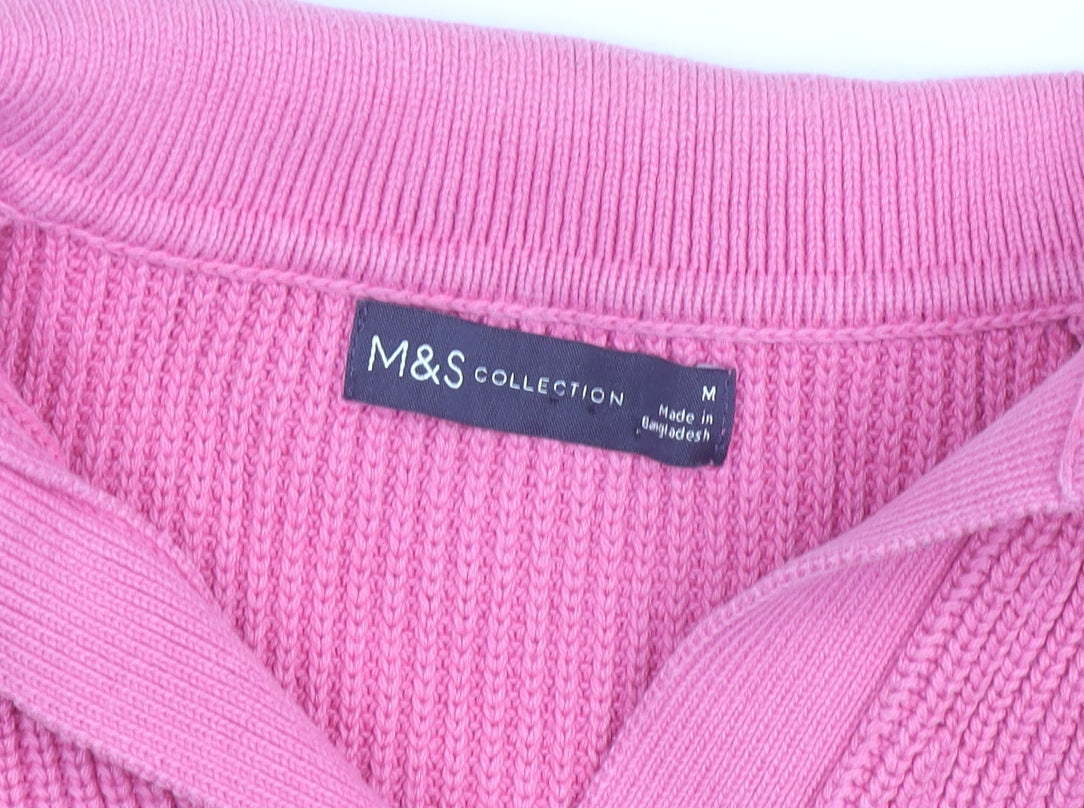 Marks and Spencer Women’s Pink Collared Ribbed Cotton Pullover Jumper M