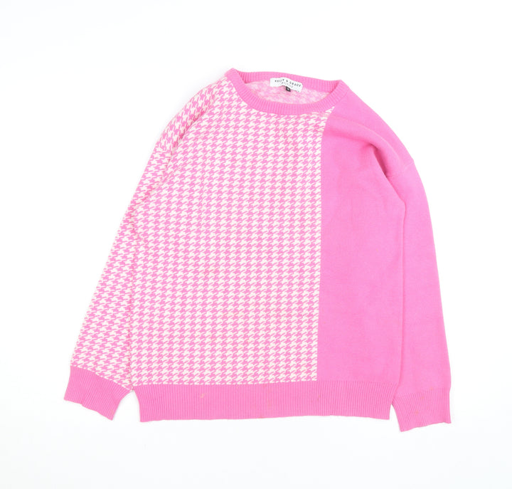 Kelly & Grace Women Pink Check Crew Neck Knit Jumper Size M
