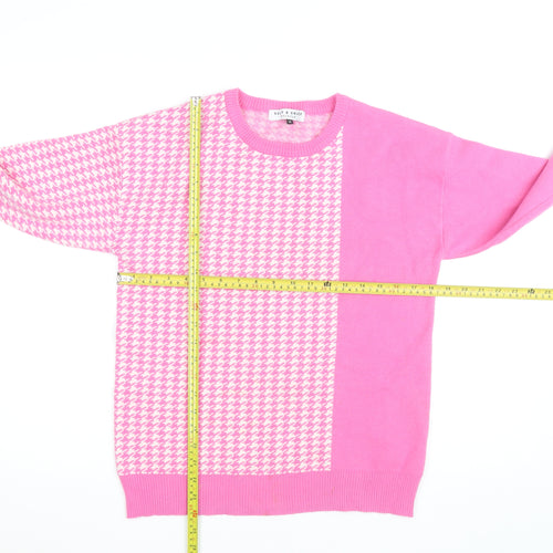 Kelly & Grace Women Pink Check Crew Neck Knit Jumper Size M