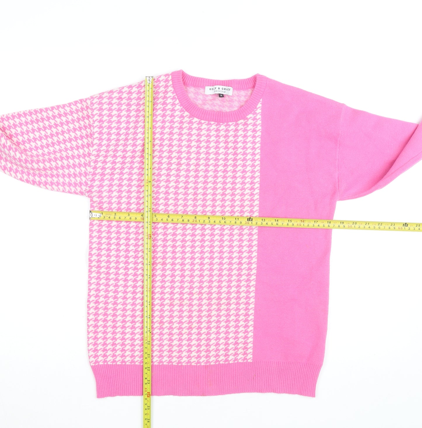 Kelly & Grace Women Pink Check Crew Neck Knit Jumper Size M