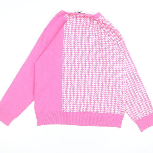 Kelly & Grace Women Pink Check Crew Neck Knit Jumper Size M