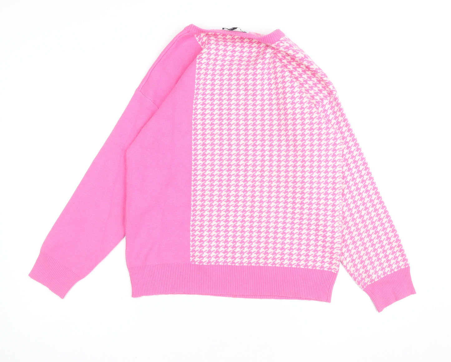 Kelly & Grace Women Pink Check Crew Neck Knit Jumper Size M