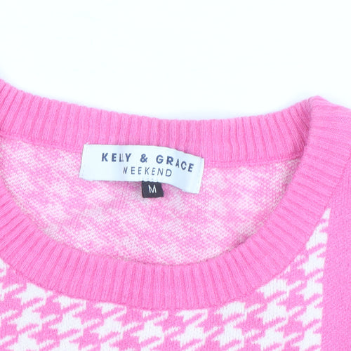 Kelly & Grace Women Pink Check Crew Neck Knit Jumper Size M