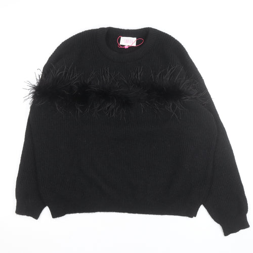 Savida Womens Black Feather Trim Pullover Jumper Size 14