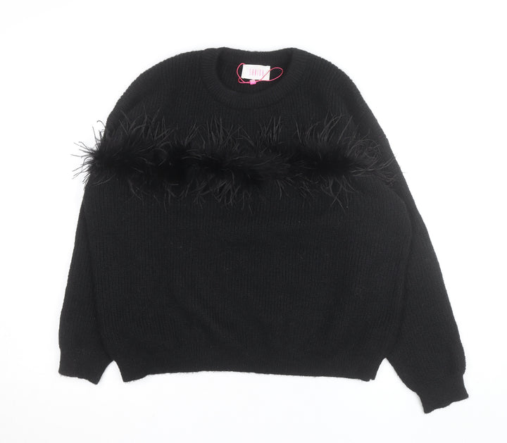 Savida Womens Black Feather Trim Pullover Jumper Size 14