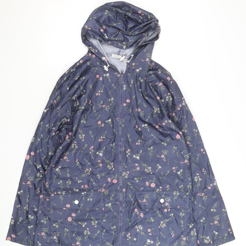 Annie De Langay Women's Blue Floral Hooded Rain Coat Jacket Size M