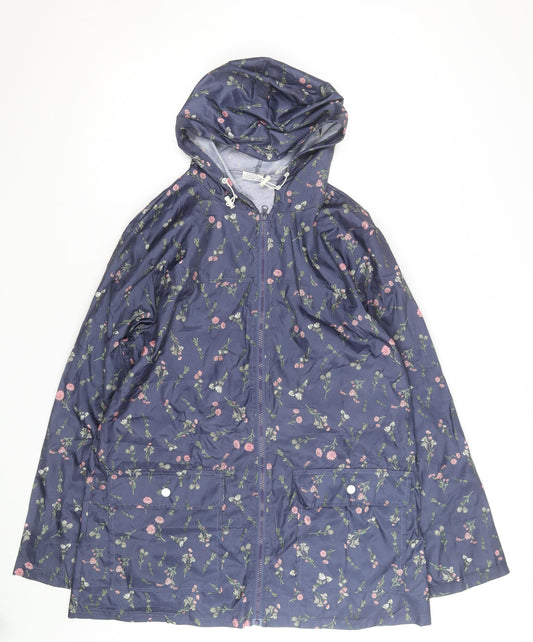 Annie De Langay Women's Blue Floral Hooded Rain Coat Jacket Size M