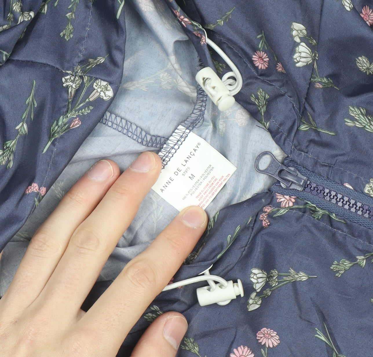 Annie De Langay Women's Blue Floral Hooded Rain Coat Jacket Size M