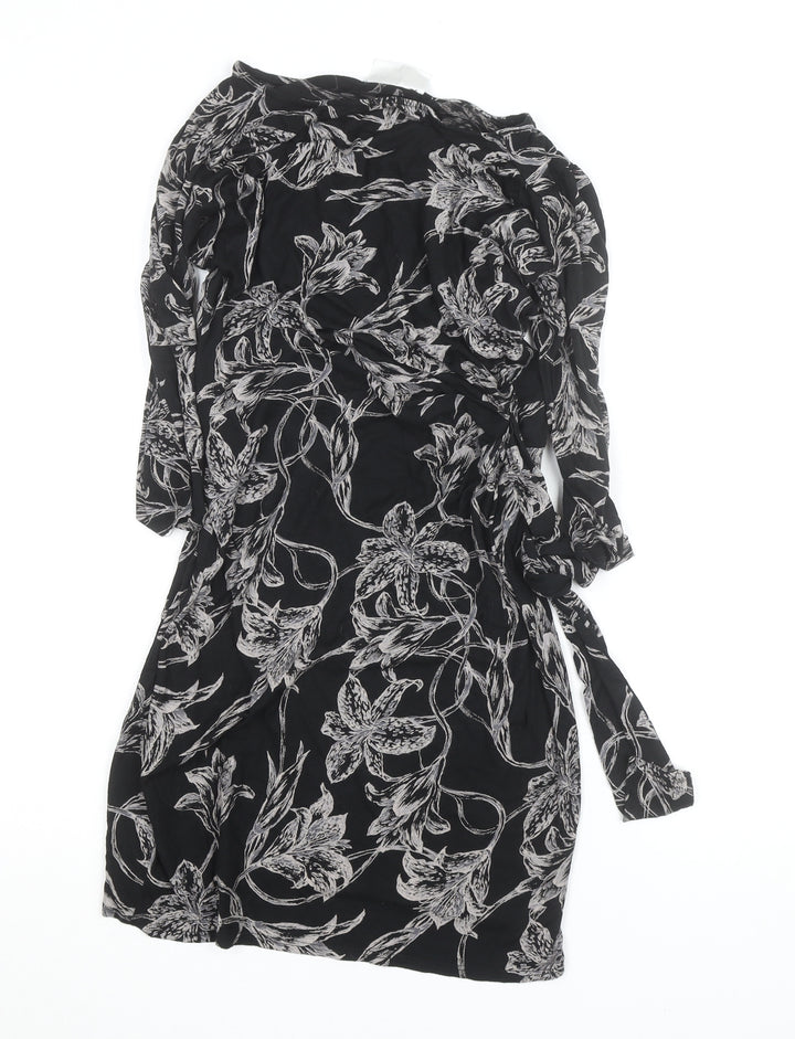 Wallis Petite Black Floral Wrap Dress Women’s Size 10 Knee Length