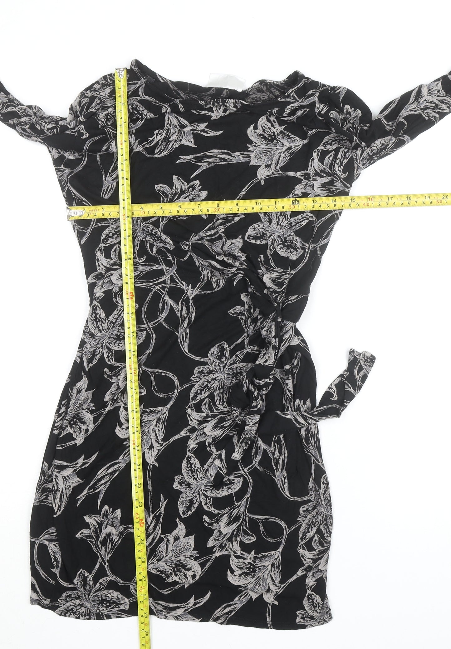 Wallis Petite Black Floral Wrap Dress Women’s Size 10 Knee Length