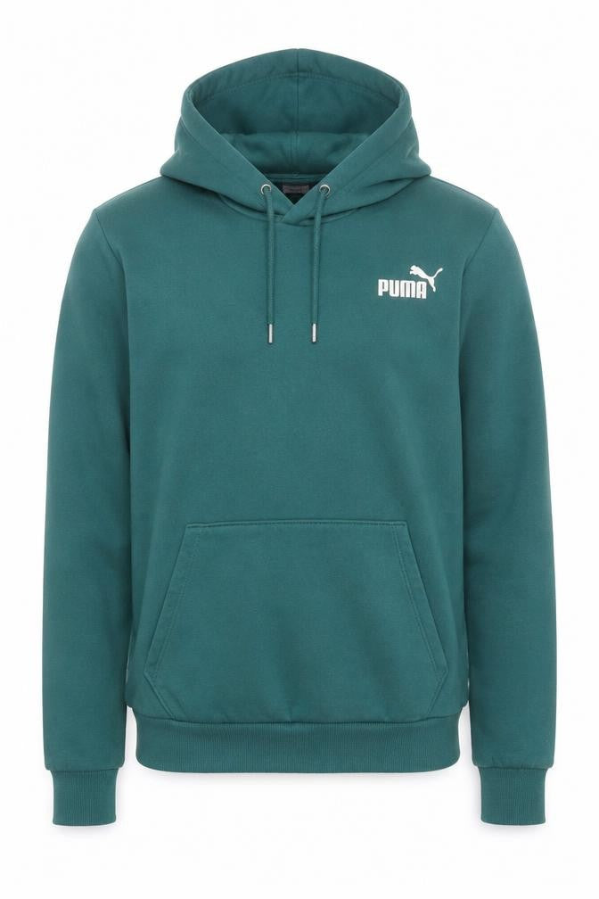 Front view of Puma Men's Green Pullover Hoodie S Regular Fit Fleece Sweatshirt