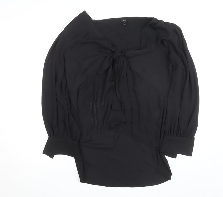 River Island Womens Black Chiffon Bow Tie Wrap Long Sleeve Blouse Size 16