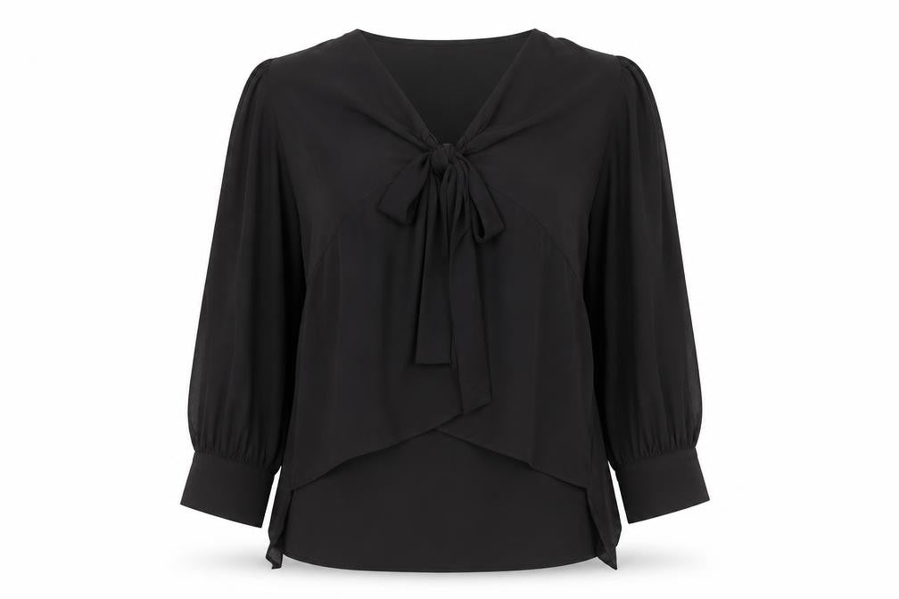 Front view of River Island women’s black chiffon bow tie wrap long sleeve blouse, size UK 16