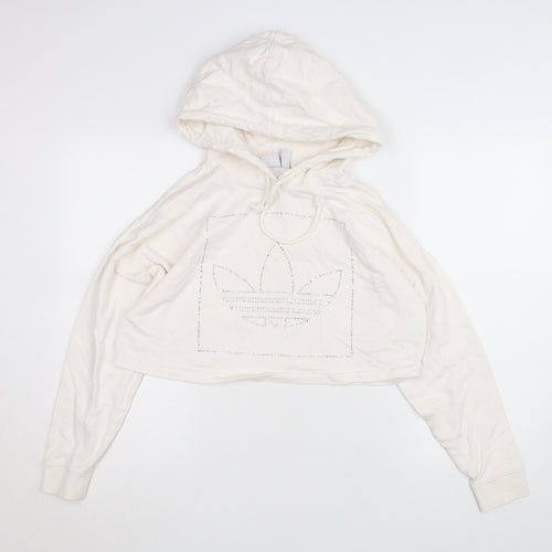 Adidas Womens Ivory 2XS Cropped Hoodie Rhinestone Logo Cotton