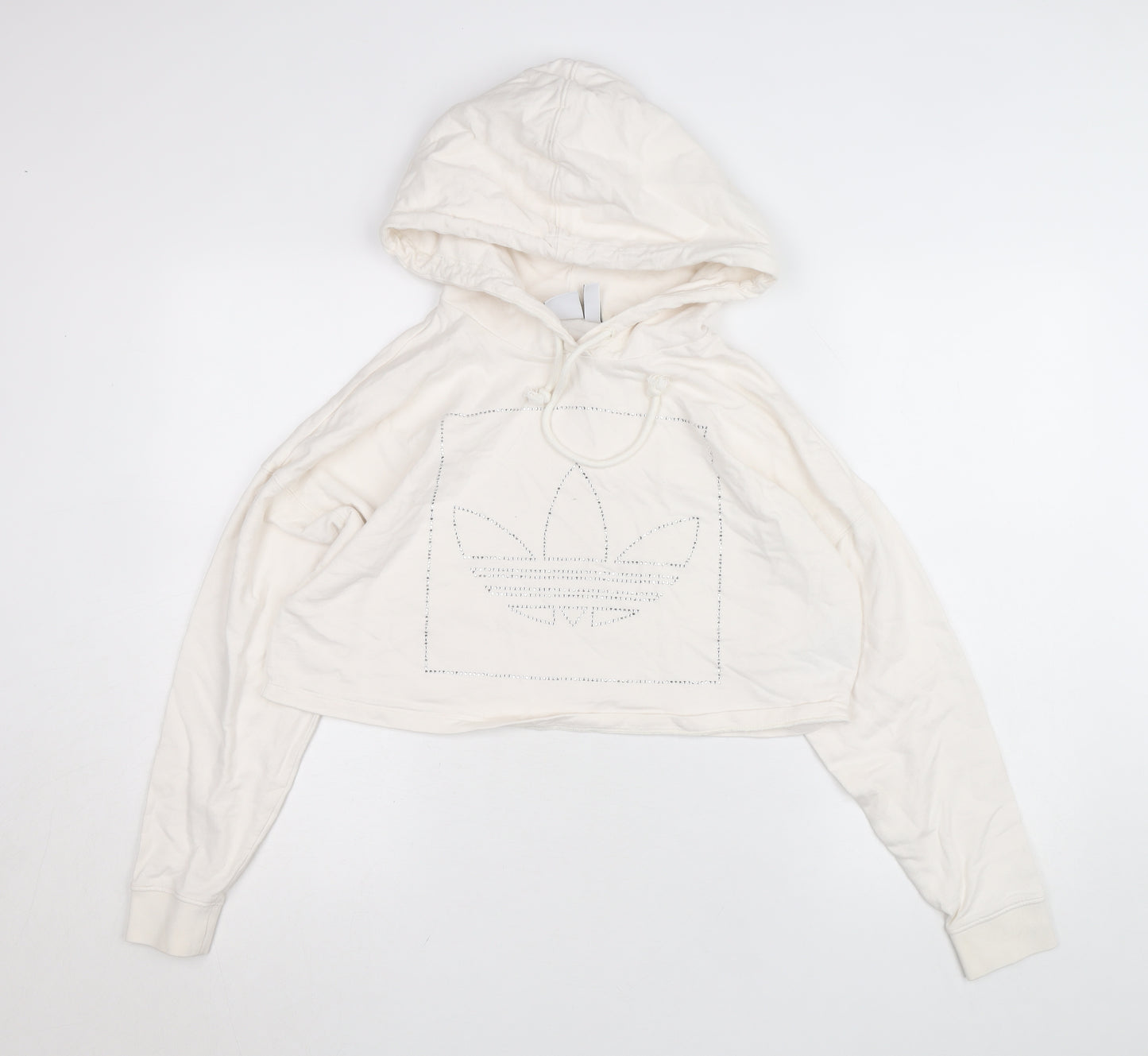 Adidas Womens Ivory 2XS Cropped Hoodie Rhinestone Logo Cotton