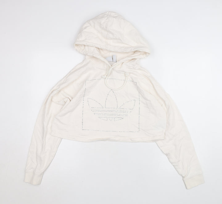 Adidas Womens Ivory 2XS Cropped Hoodie Rhinestone Logo Cotton