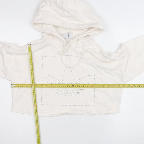 Adidas Womens Ivory 2XS Cropped Hoodie Rhinestone Logo Cotton