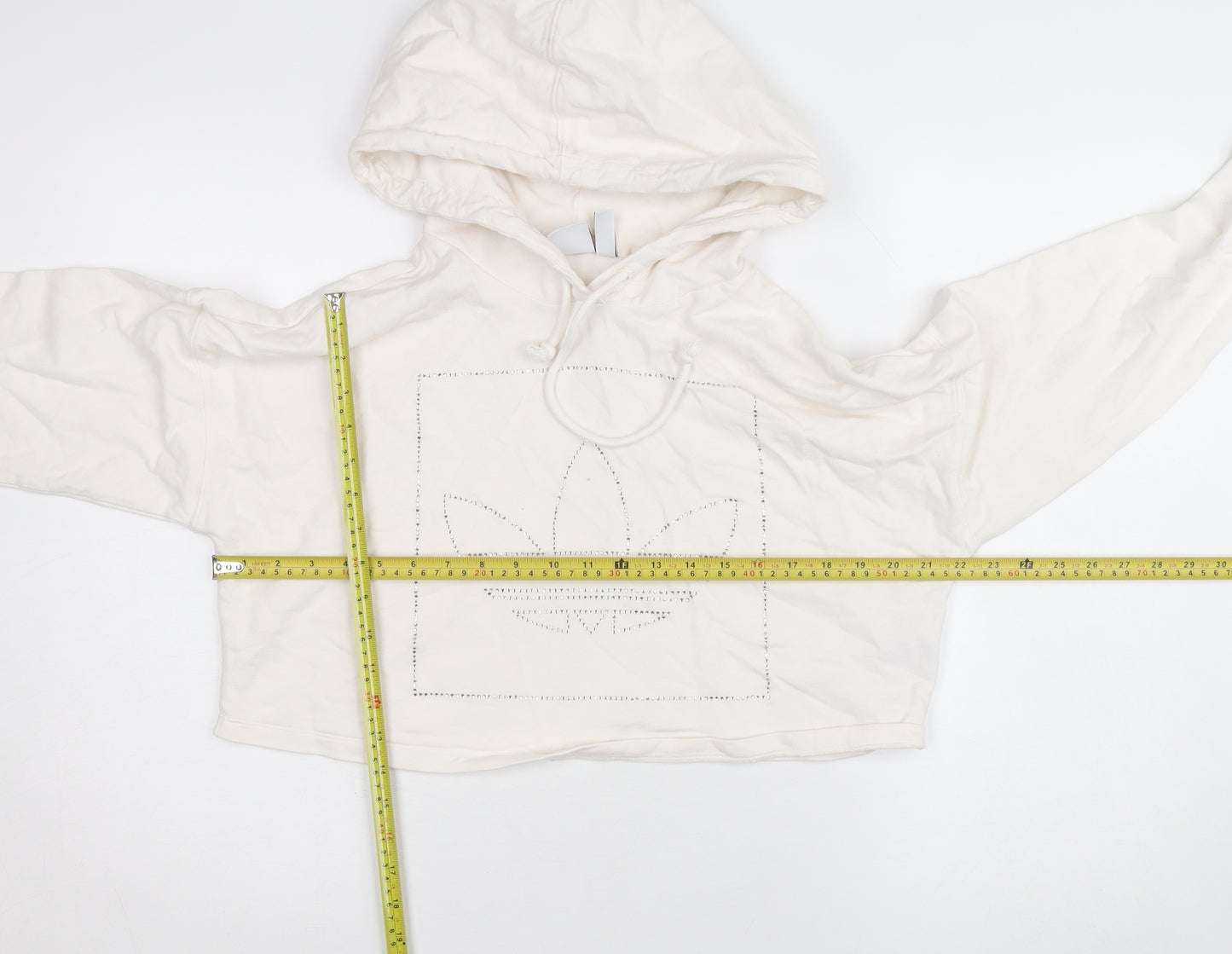 Adidas Womens Ivory 2XS Cropped Hoodie Rhinestone Logo Cotton