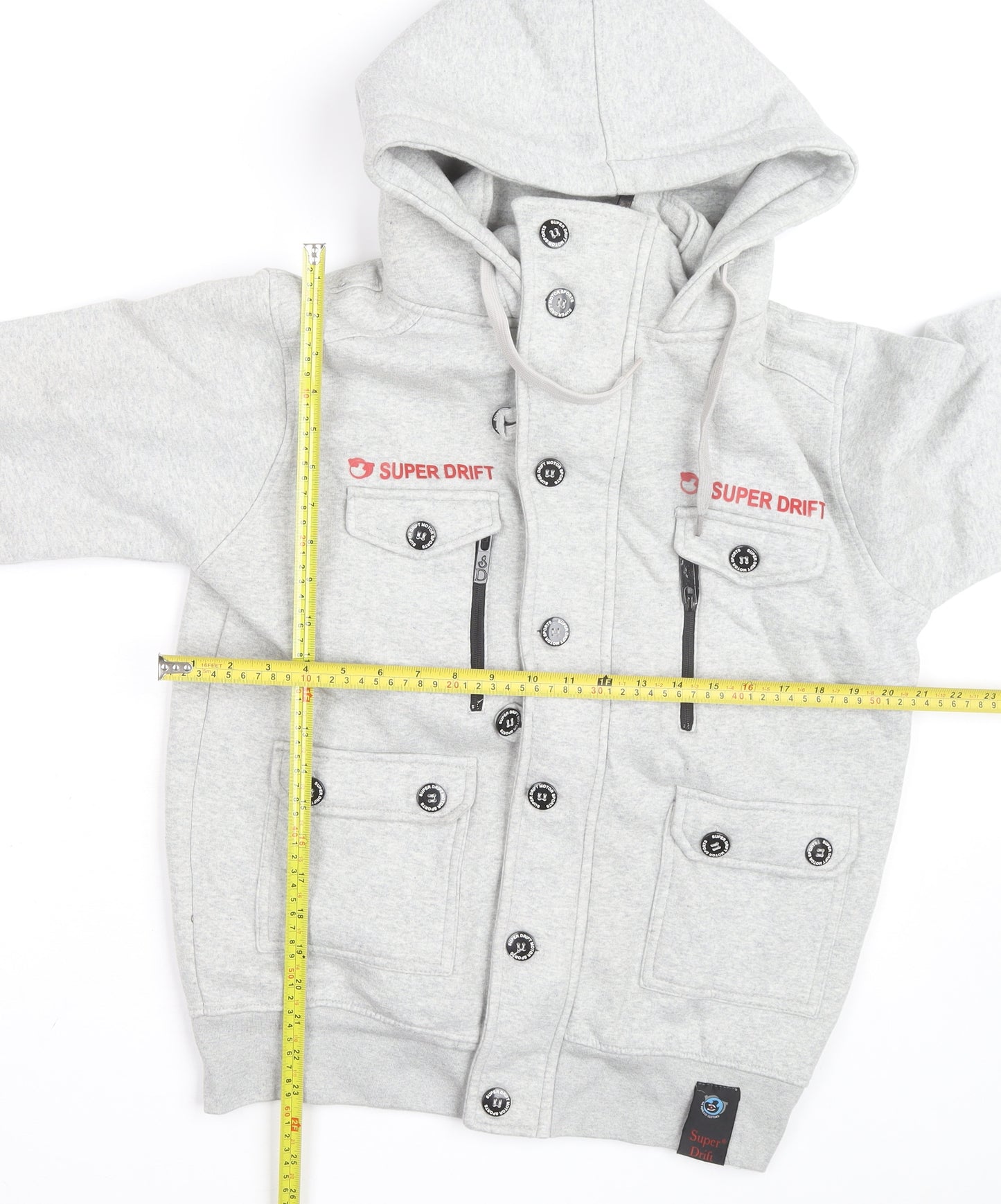 Super Drift Men Grey M Full Zip Hoodie with Logo Pockets